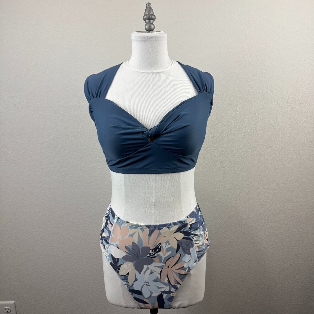 CUPSHE Two-piece High-waist Swimsuit Blue Top/ Floral Bottoms  XL